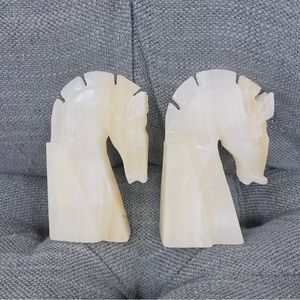 VTG Pair of Bookends in Onyx White Horse Shape Pattern, France Circa 1970s